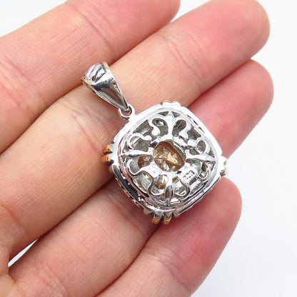 925 Sterling Silver 2-Tone Citrine-Tone C Z Ornate Pendant