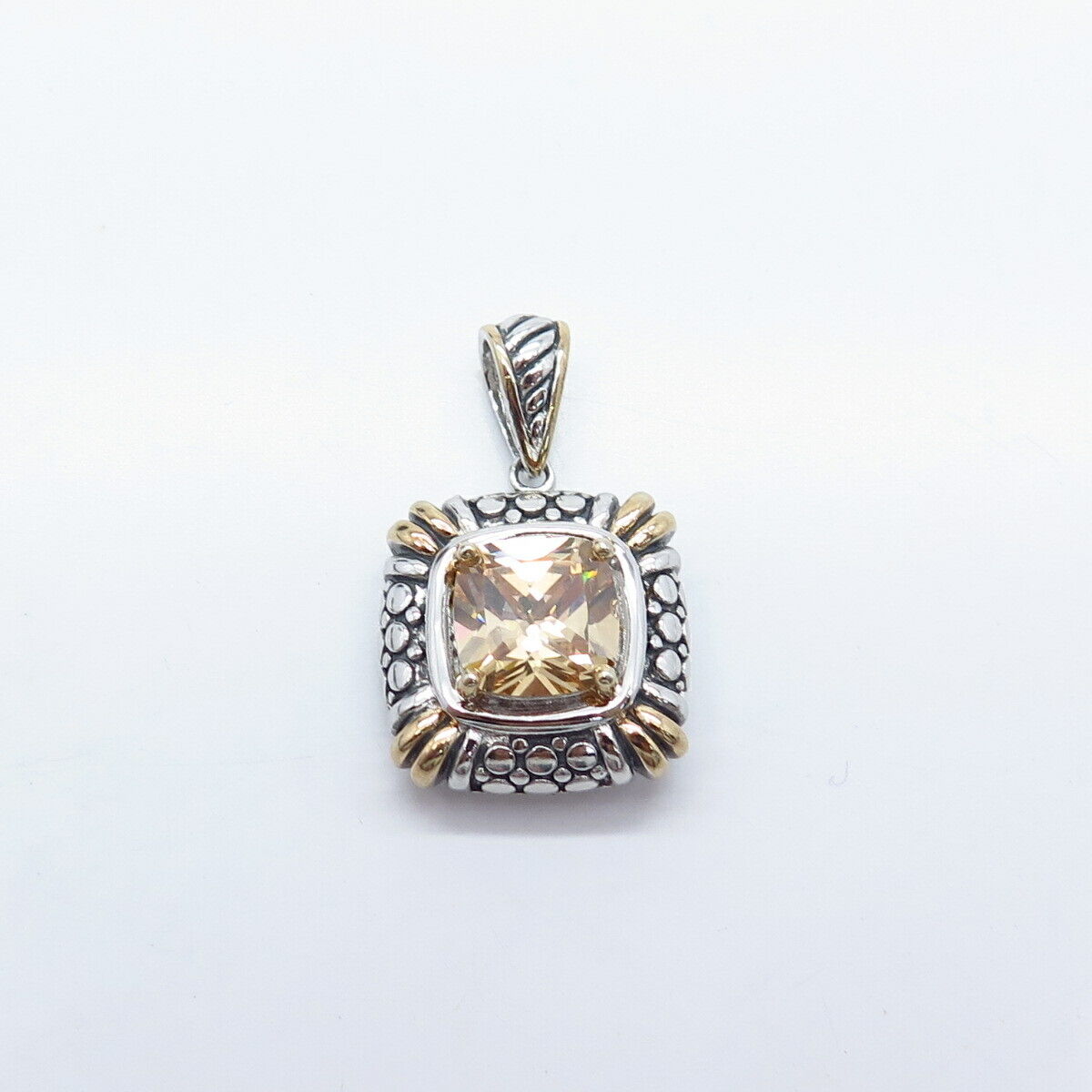 925 Sterling Silver 2-Tone Citrine-Tone C Z Ornate Pendant