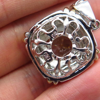 925 Sterling Silver 2-Tone Citrine-Tone C Z Ornate Pendant