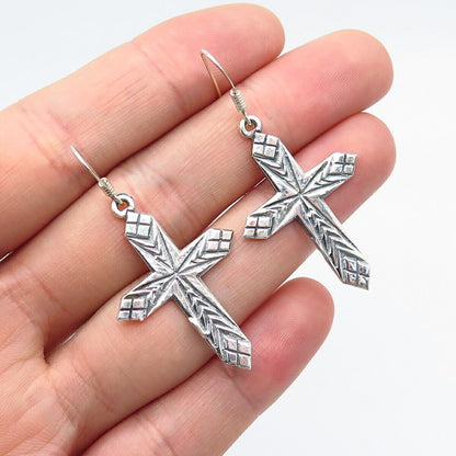 925 Sterling Silver Vintage Carved Cross Dangling Earrings