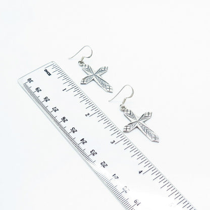 925 Sterling Silver Vintage Carved Cross Dangling Earrings