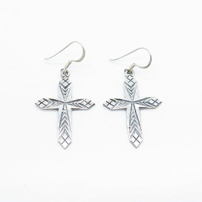 925 Sterling Silver Vintage Carved Cross Dangling Earrings