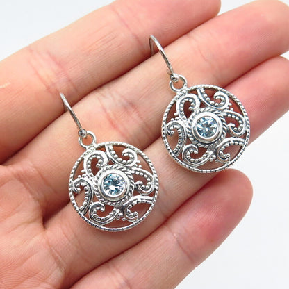 925 Sterling Silver Vintage Blue Topaz-Tone C Z Ornate Round Dangling Earrings