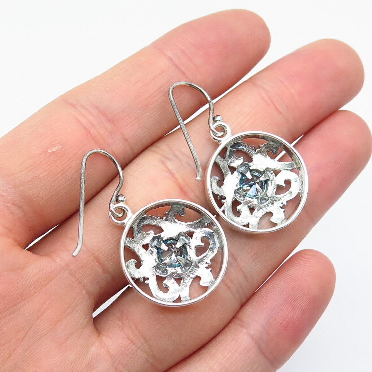 925 Sterling Silver Vintage Blue Topaz-Tone C Z Ornate Round Dangling Earrings