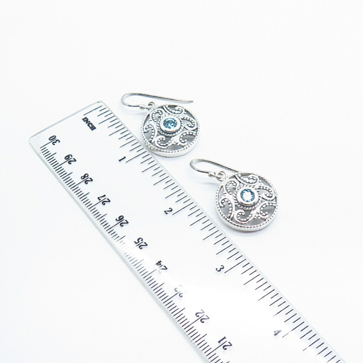 925 Sterling Silver Vintage Blue Topaz-Tone C Z Ornate Round Dangling Earrings