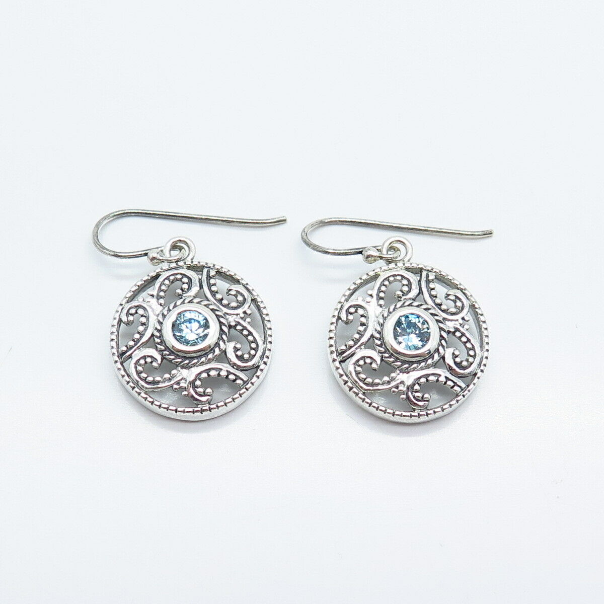 925 Sterling Silver Vintage Blue Topaz-Tone C Z Ornate Round Dangling Earrings