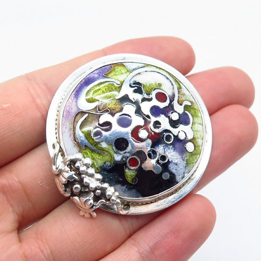 925 Sterling Silver Vintage W. LEWIS Colorful Enamel Ornate Pin Brooch / Pendant