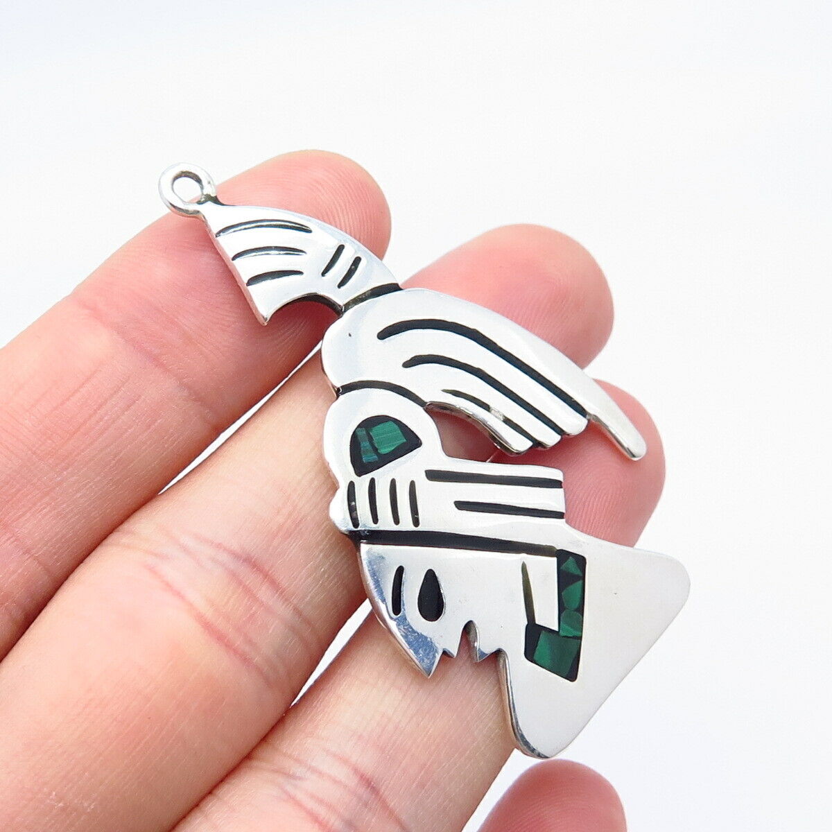 925 Sterling Silver Vintage Mexico Real Malachite Gem Inlay Tribal Pendant