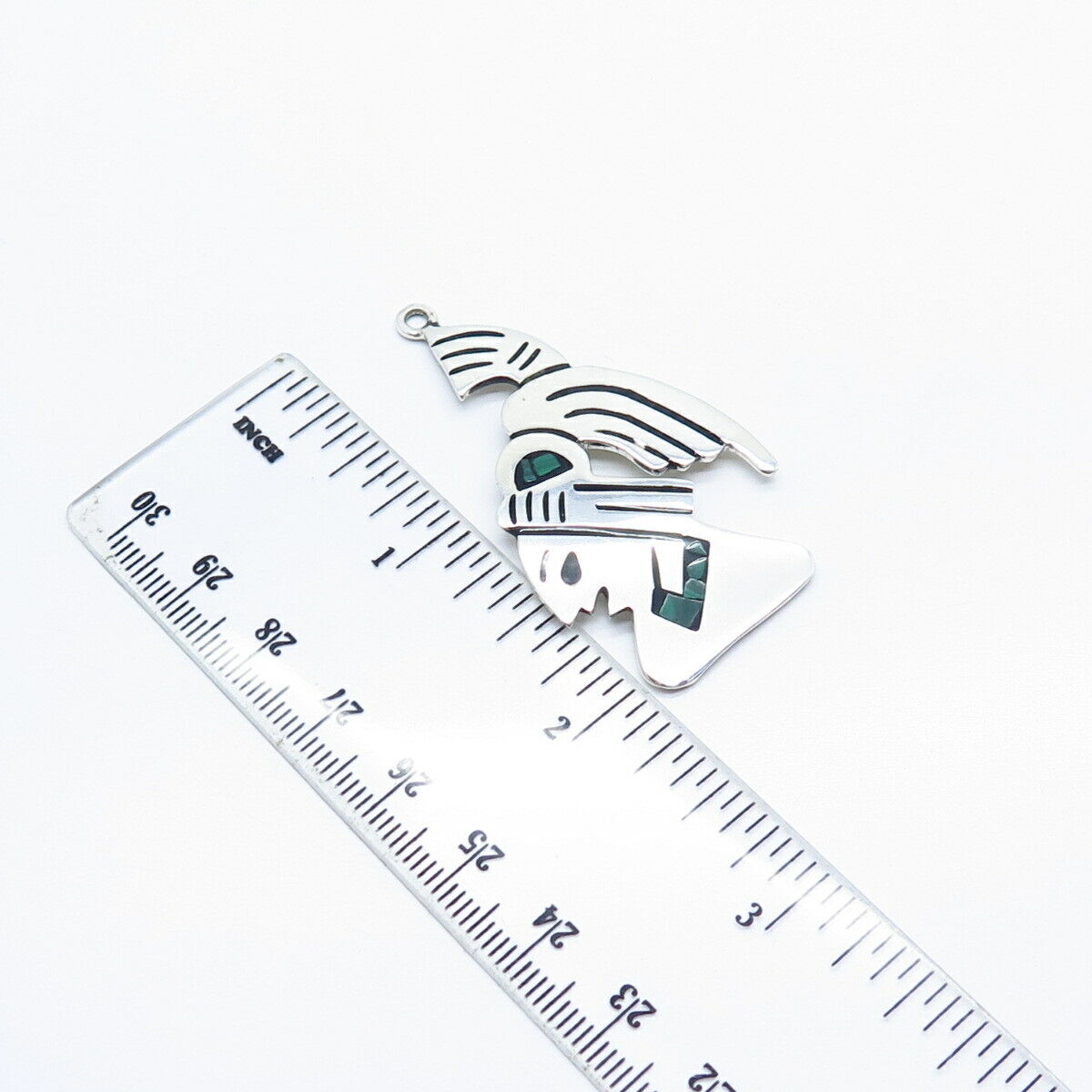 925 Sterling Silver Vintage Mexico Real Malachite Gem Inlay Tribal Pendant