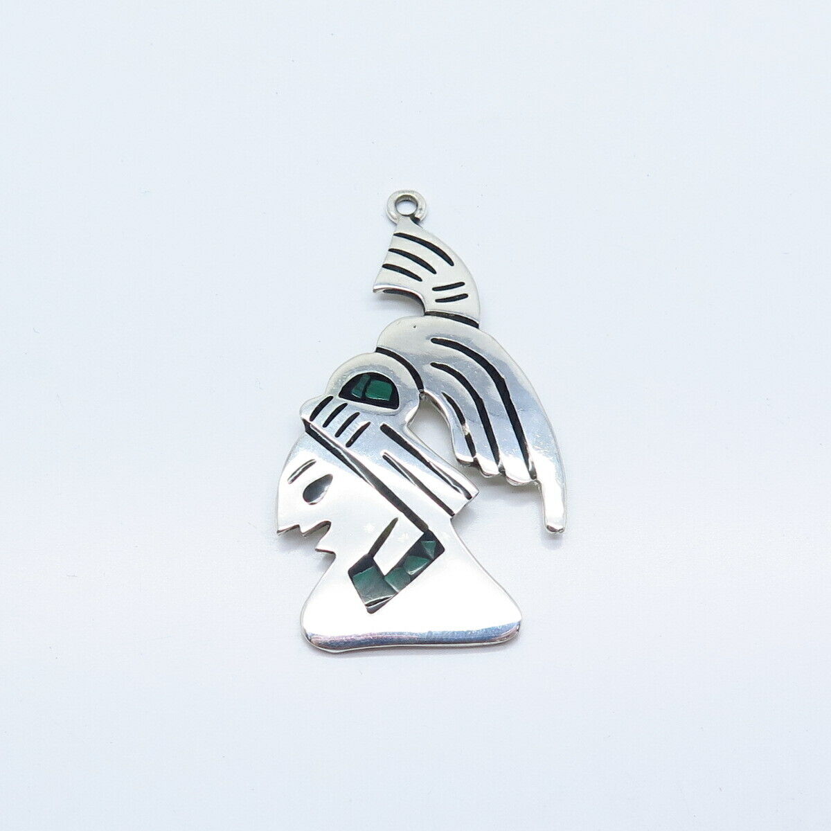 925 Sterling Silver Vintage Mexico Real Malachite Gem Inlay Tribal Pendant