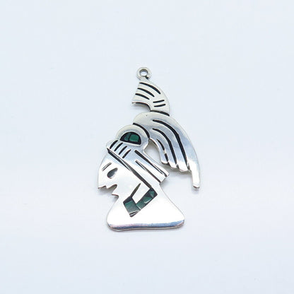 925 Sterling Silver Vintage Mexico Real Malachite Gem Inlay Tribal Pendant