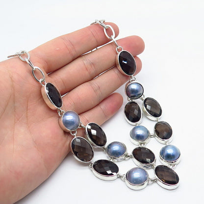 925 Sterling Silver Vintage Real Smoky Quartz & Blue Pearl Necklace 16"