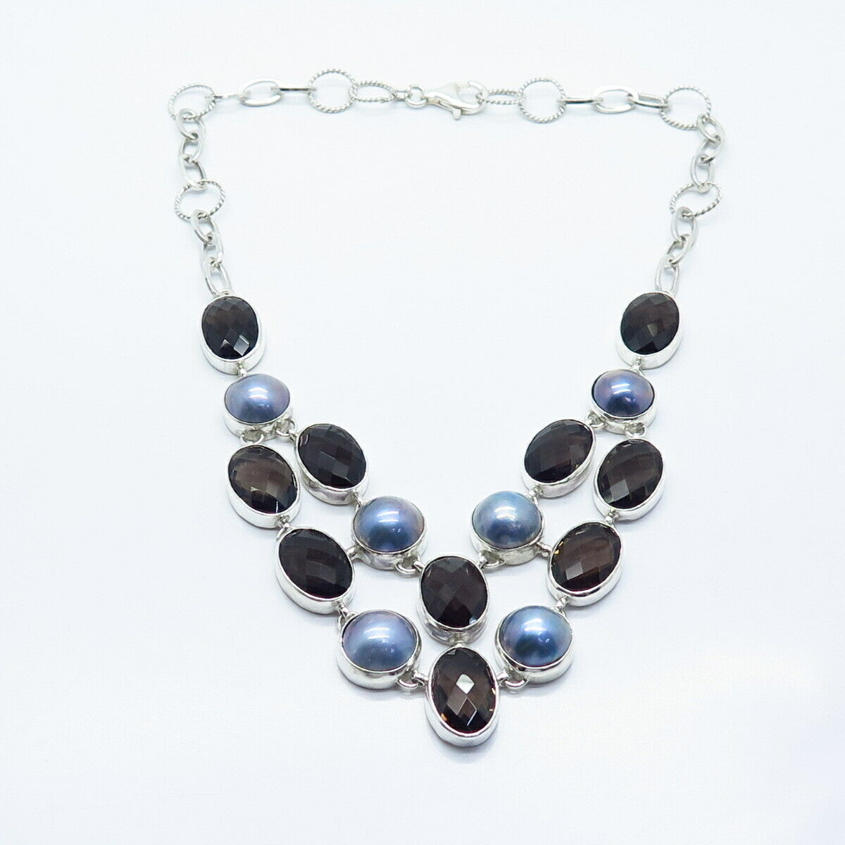 925 Sterling Silver Vintage Real Smoky Quartz & Blue Pearl Necklace 16"