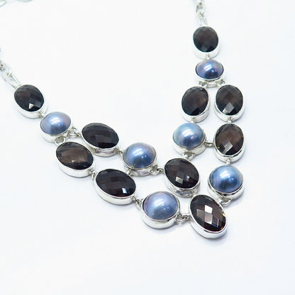 925 Sterling Silver Vintage Real Smoky Quartz & Blue Pearl Necklace 16"