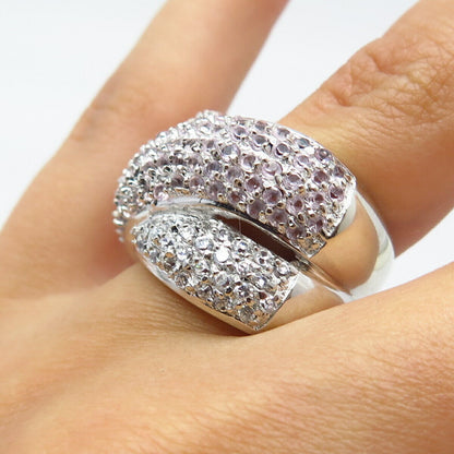 925 Sterling Silver Real Amethyst Gemstone & C Z Crossover Ring Size 8.5