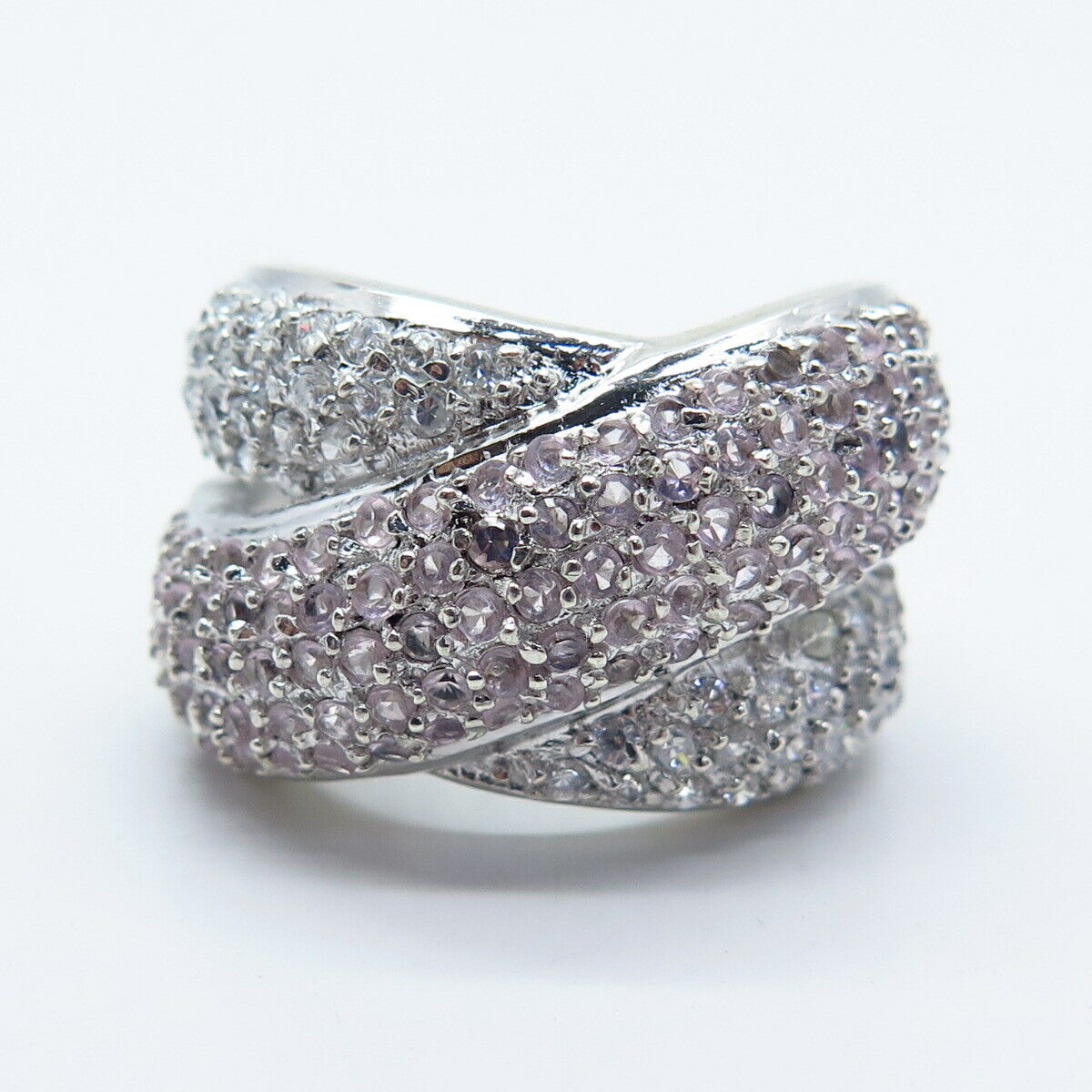 925 Sterling Silver Real Amethyst Gemstone & C Z Crossover Ring Size 8.5