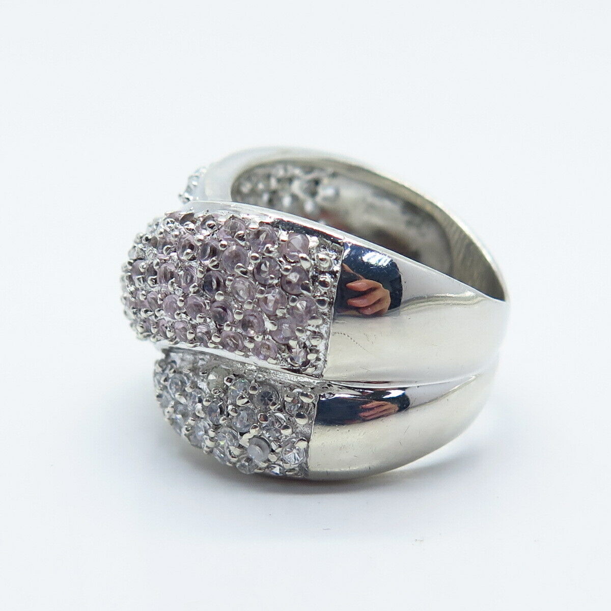 925 Sterling Silver Real Amethyst Gemstone & C Z Crossover Ring Size 8.5