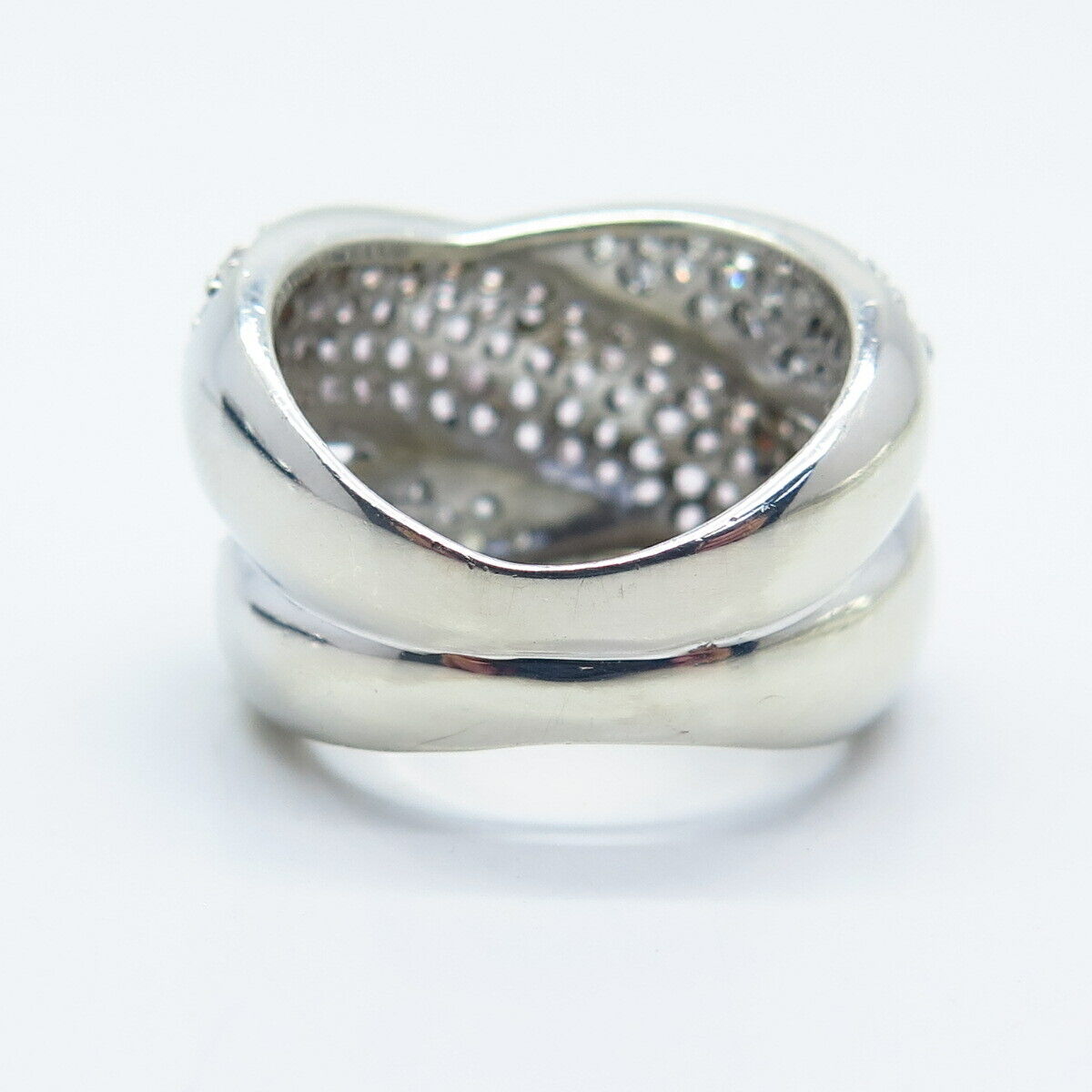 925 Sterling Silver Real Amethyst Gemstone & C Z Crossover Ring Size 8.5