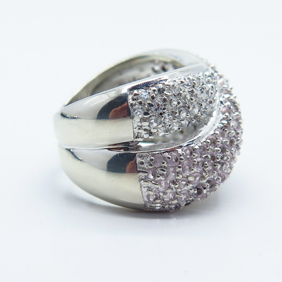 925 Sterling Silver Real Amethyst Gemstone & C Z Crossover Ring Size 8.5