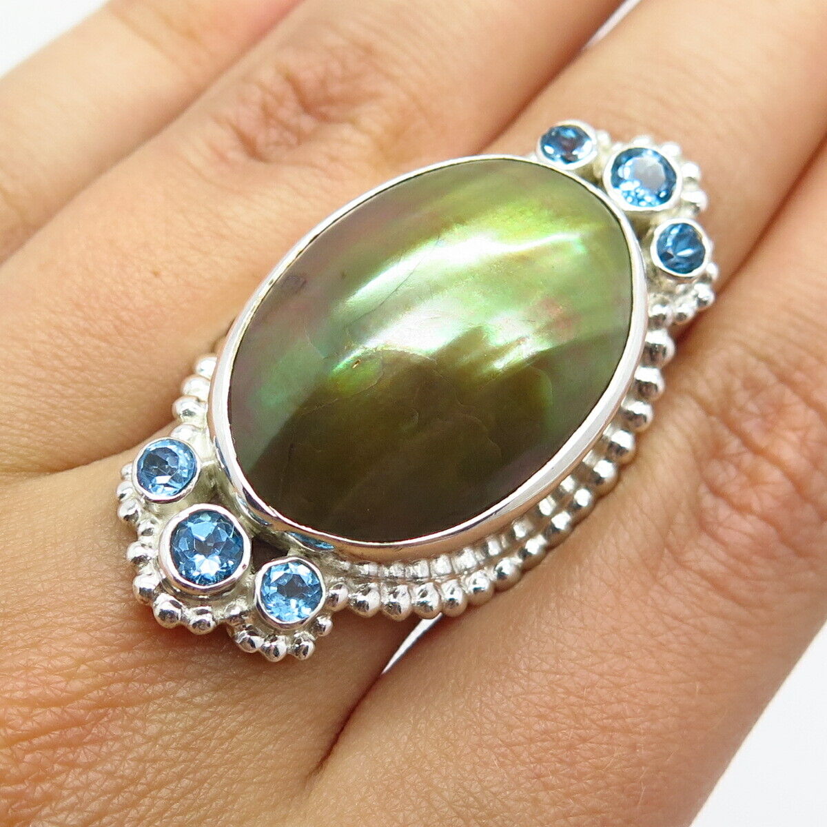 925 Sterling Silver Vintage Nepal Mother-of-Pearl Blue Topaz Gem Ring Size 7.25