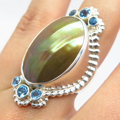 925 Sterling Silver Vintage Nepal Mother-of-Pearl Blue Topaz Gem Ring Size 7.25