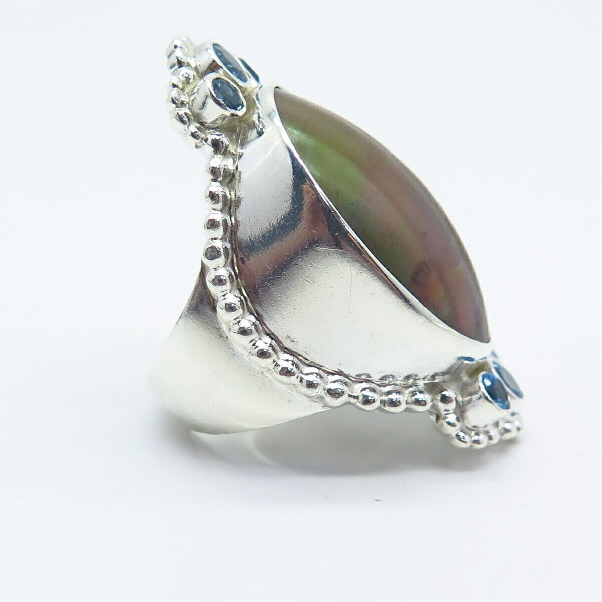 925 Sterling Silver Vintage Nepal Mother-of-Pearl Blue Topaz Gem Ring Size 7.25