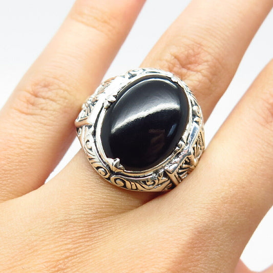 925 Sterling Silver Vintage Real Black Onyx Gem Ornate Oval Ring Size 7