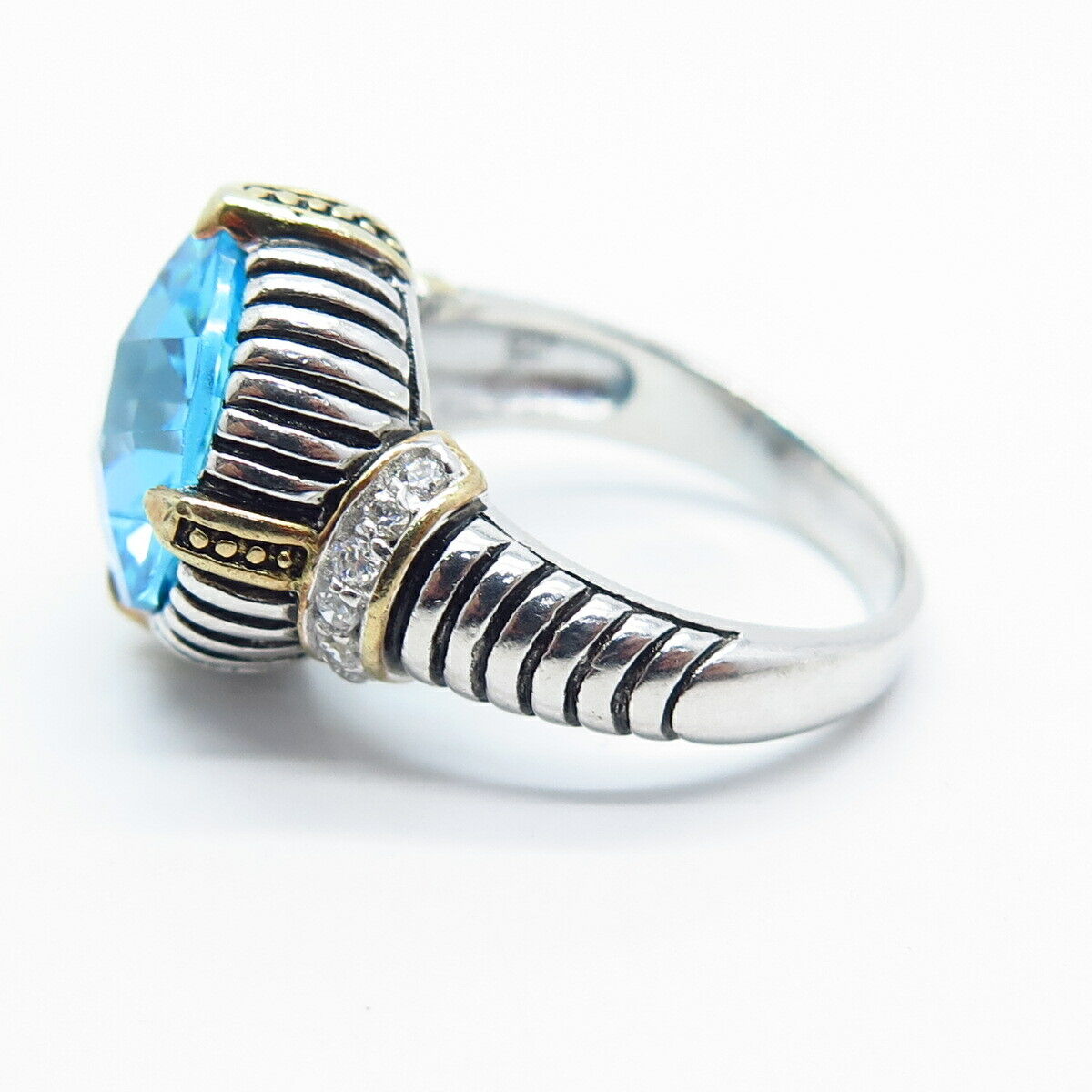 925 Sterling Silver 2-Tone Blue C Z Ribbed Round Ring Size 8.25