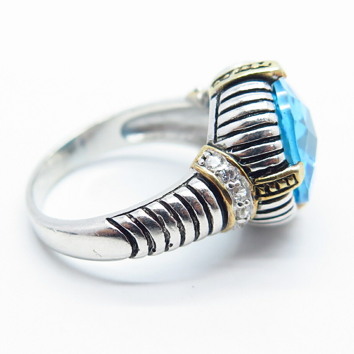 925 Sterling Silver 2-Tone Blue C Z Ribbed Round Ring Size 8.25