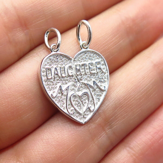 925 Sterling Silver Vintage Textured "Mom Daughter" Heart Pendant