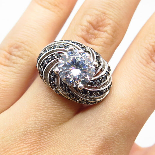 925 Sterling Silver Real Melanite Gem & C Z Swirl Domed Ring Size 6