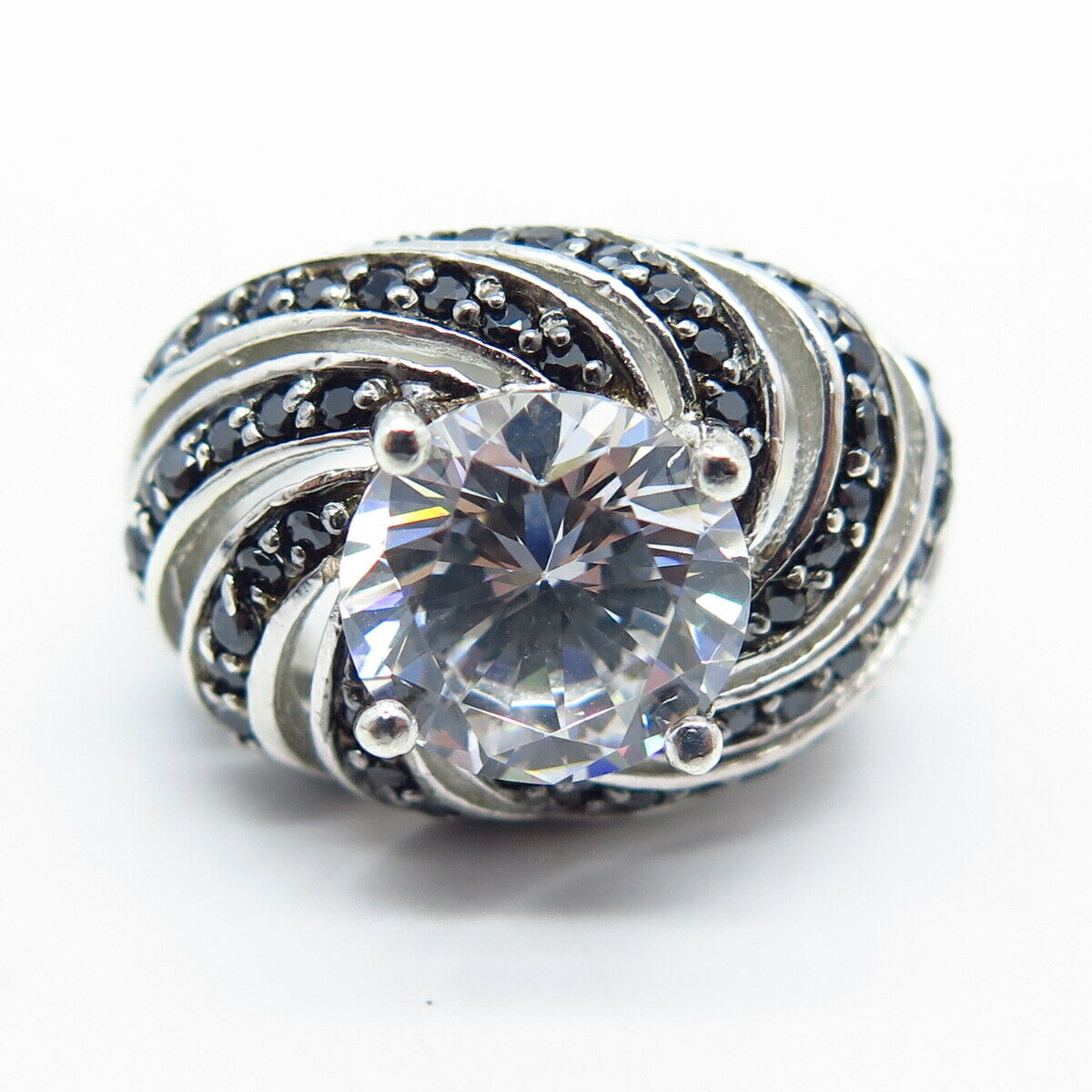 925 Sterling Silver Real Melanite Gem & C Z Swirl Domed Ring Size 6