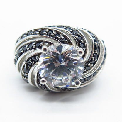 925 Sterling Silver Real Melanite Gem & C Z Swirl Domed Ring Size 6
