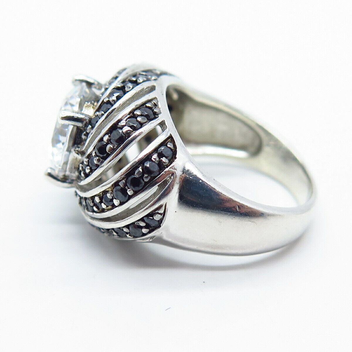 925 Sterling Silver Real Melanite Gem & C Z Swirl Domed Ring Size 6