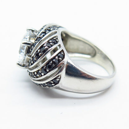 925 Sterling Silver Real Melanite Gem & C Z Swirl Domed Ring Size 6