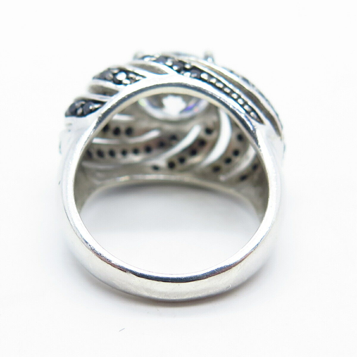925 Sterling Silver Real Melanite Gem & C Z Swirl Domed Ring Size 6