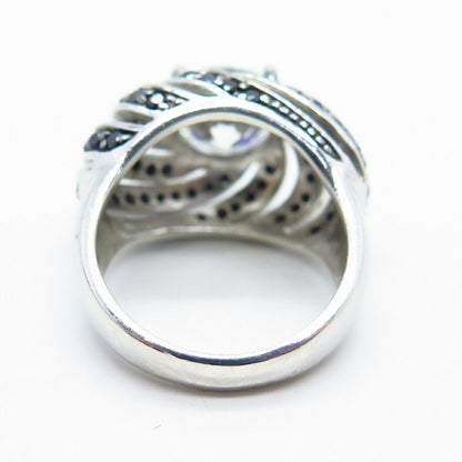 925 Sterling Silver Real Melanite Gem & C Z Swirl Domed Ring Size 6