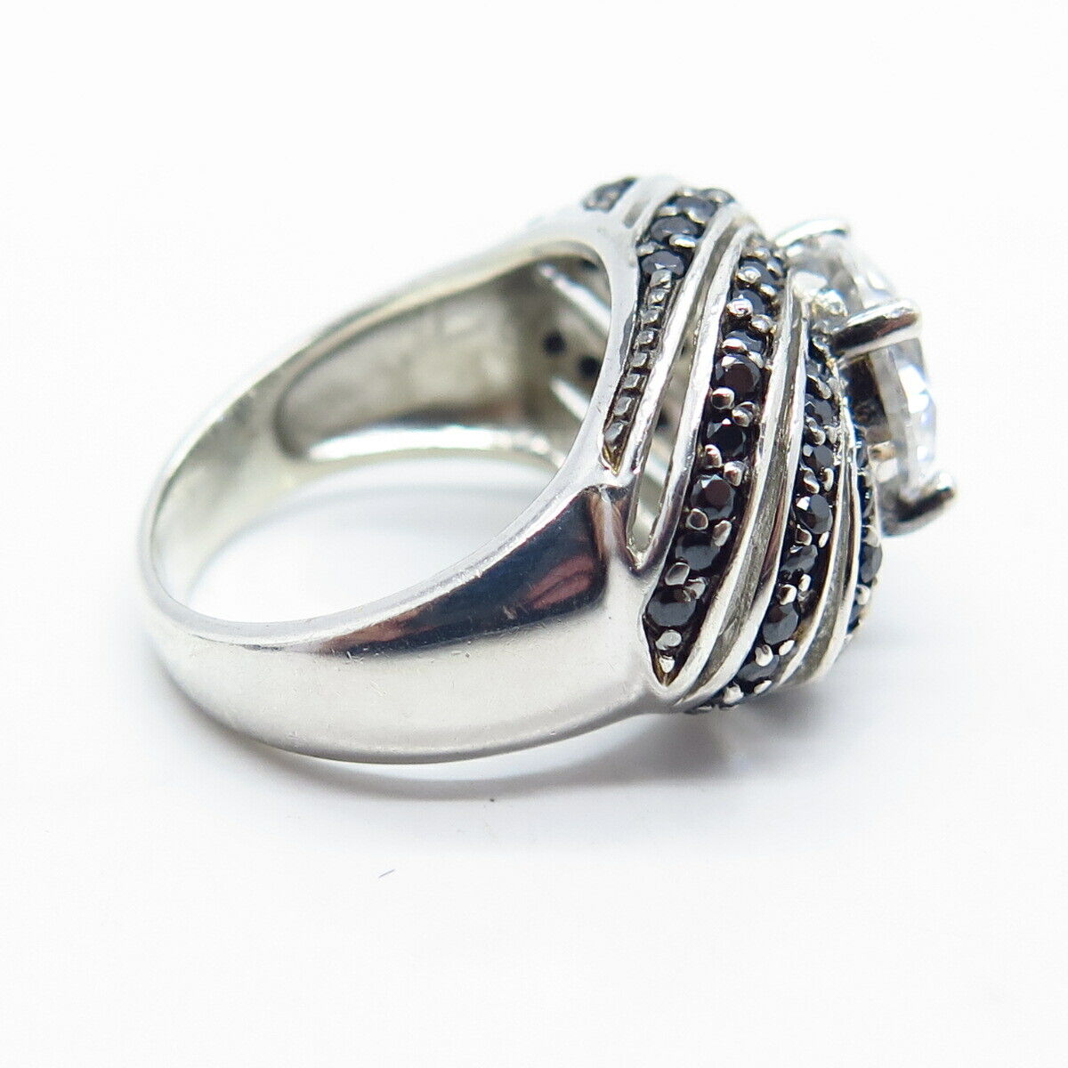925 Sterling Silver Real Melanite Gem & C Z Swirl Domed Ring Size 6