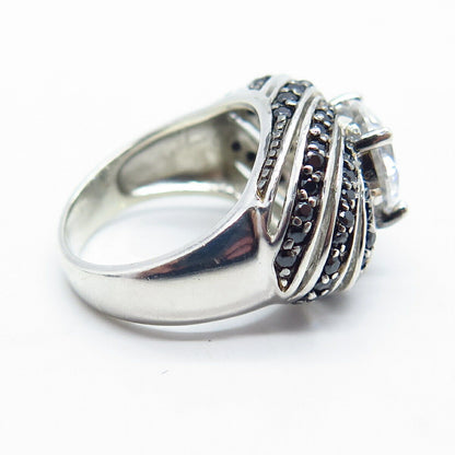 925 Sterling Silver Real Melanite Gem & C Z Swirl Domed Ring Size 6