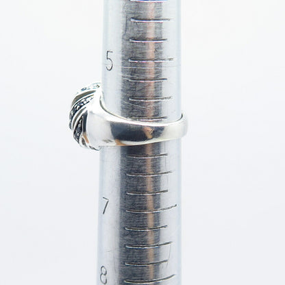 925 Sterling Silver Real Melanite Gem & C Z Swirl Domed Ring Size 6