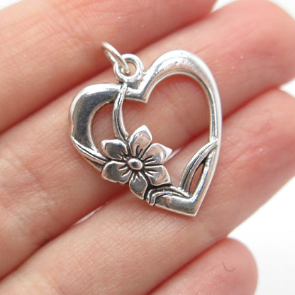 925 Sterling Silver Vintage Sun West Open Heart Floral Charm Pendant