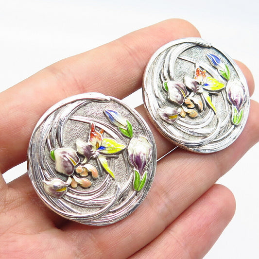 925 Sterling Silver Vintage Enamel Floral Round Clip On Earrings