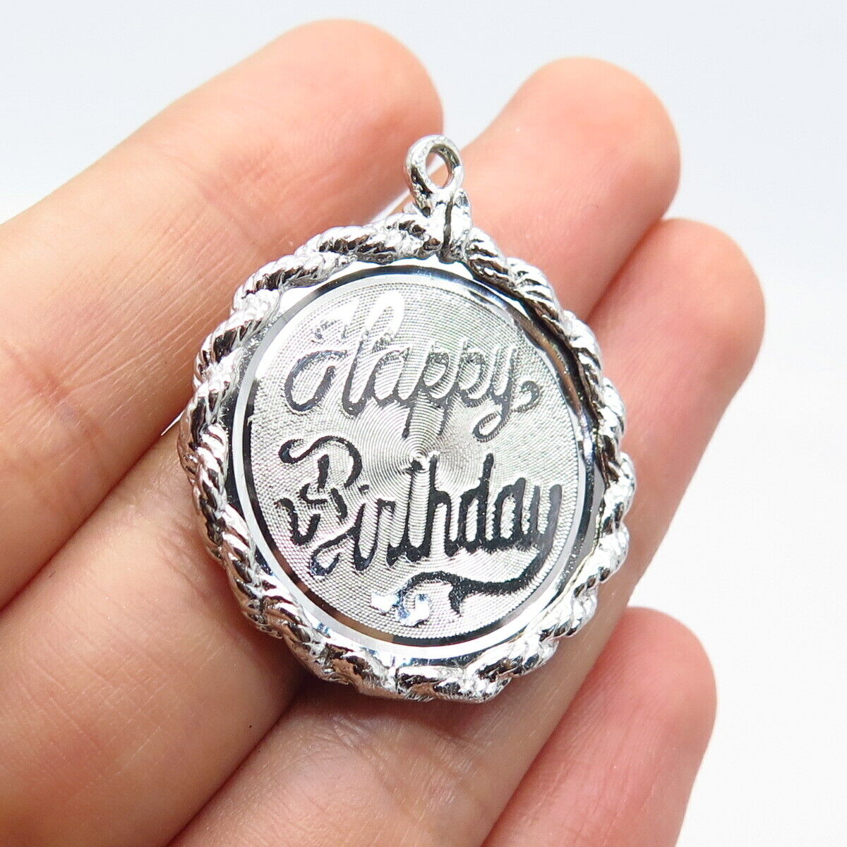 925 Sterling Silver Vintage Elco "Happy Birthday" Textured Round Pendant