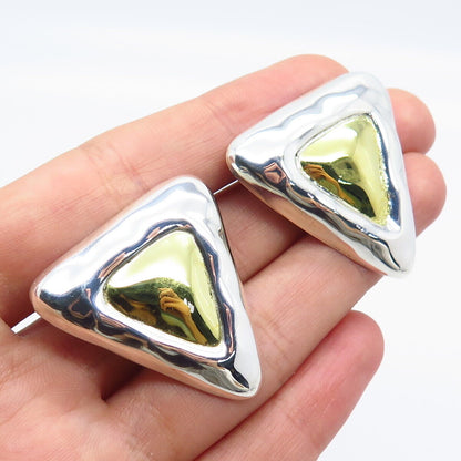 925 Sterling Silver 2-Tone Vintage Mexico Triangle Clip On Earrings