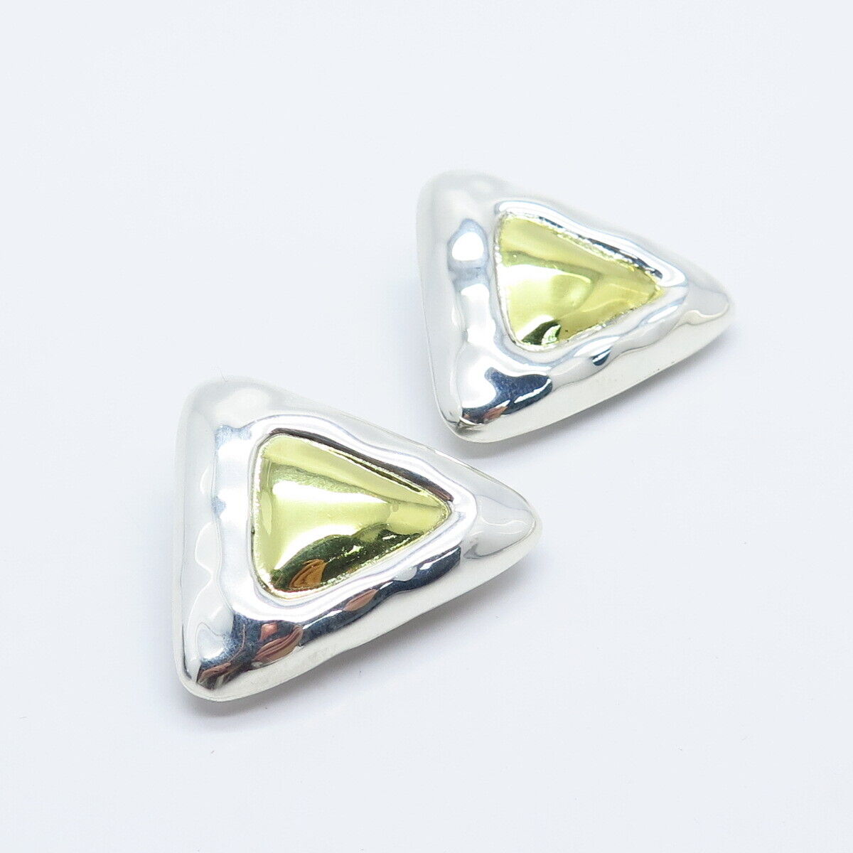 925 Sterling Silver 2-Tone Vintage Mexico Triangle Clip On Earrings