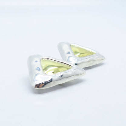 925 Sterling Silver 2-Tone Vintage Mexico Triangle Clip On Earrings