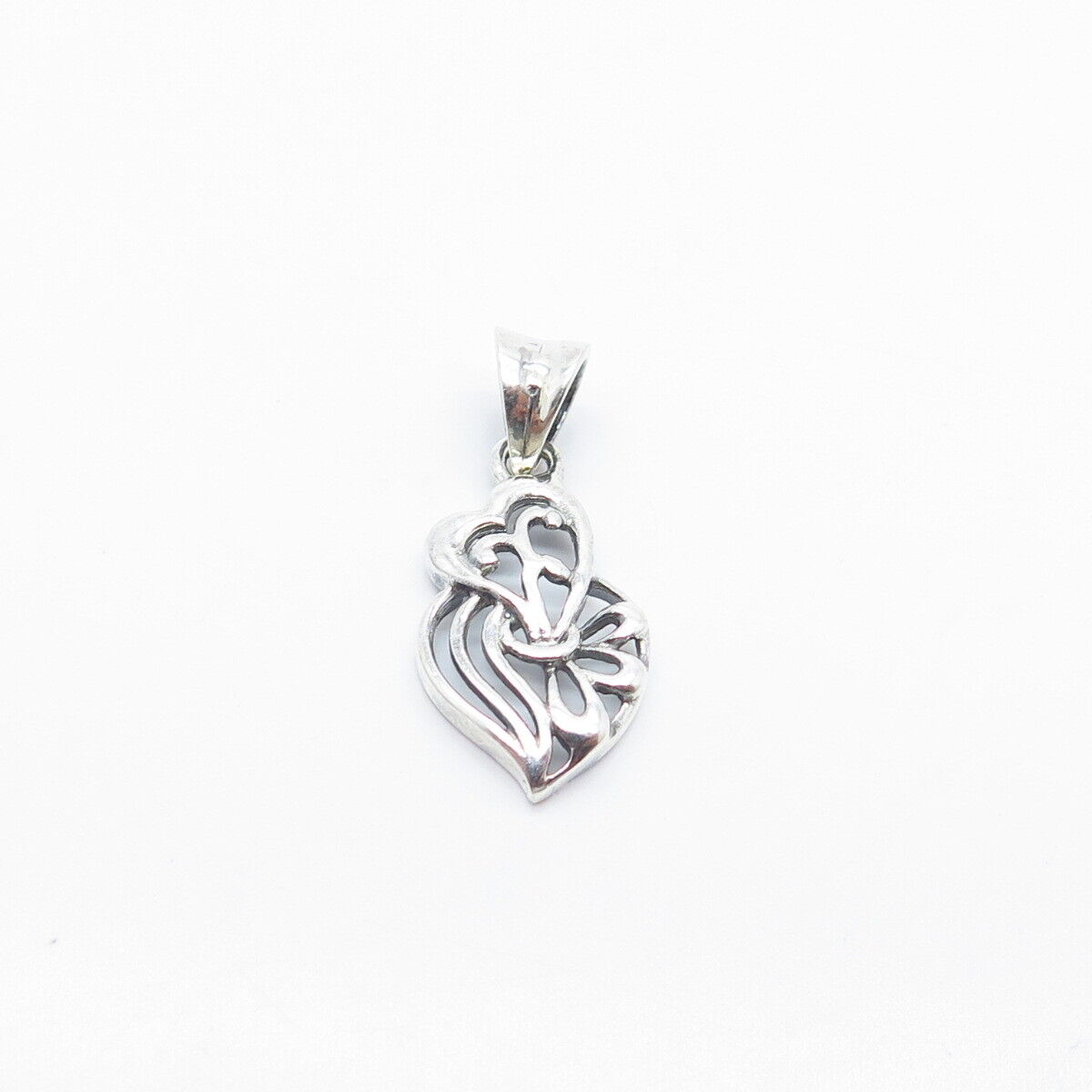 925 Sterling Silver Vintage Ornate Double Heart Charm Pendant