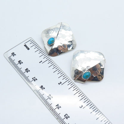 925 Sterling Silver Vintage Real Turquoise Gemstone Hammered Finish Earrings