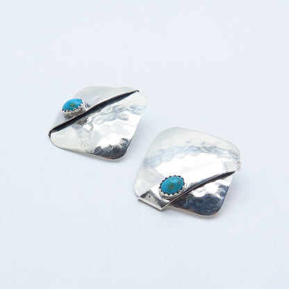 925 Sterling Silver Vintage Real Turquoise Gemstone Hammered Finish Earrings