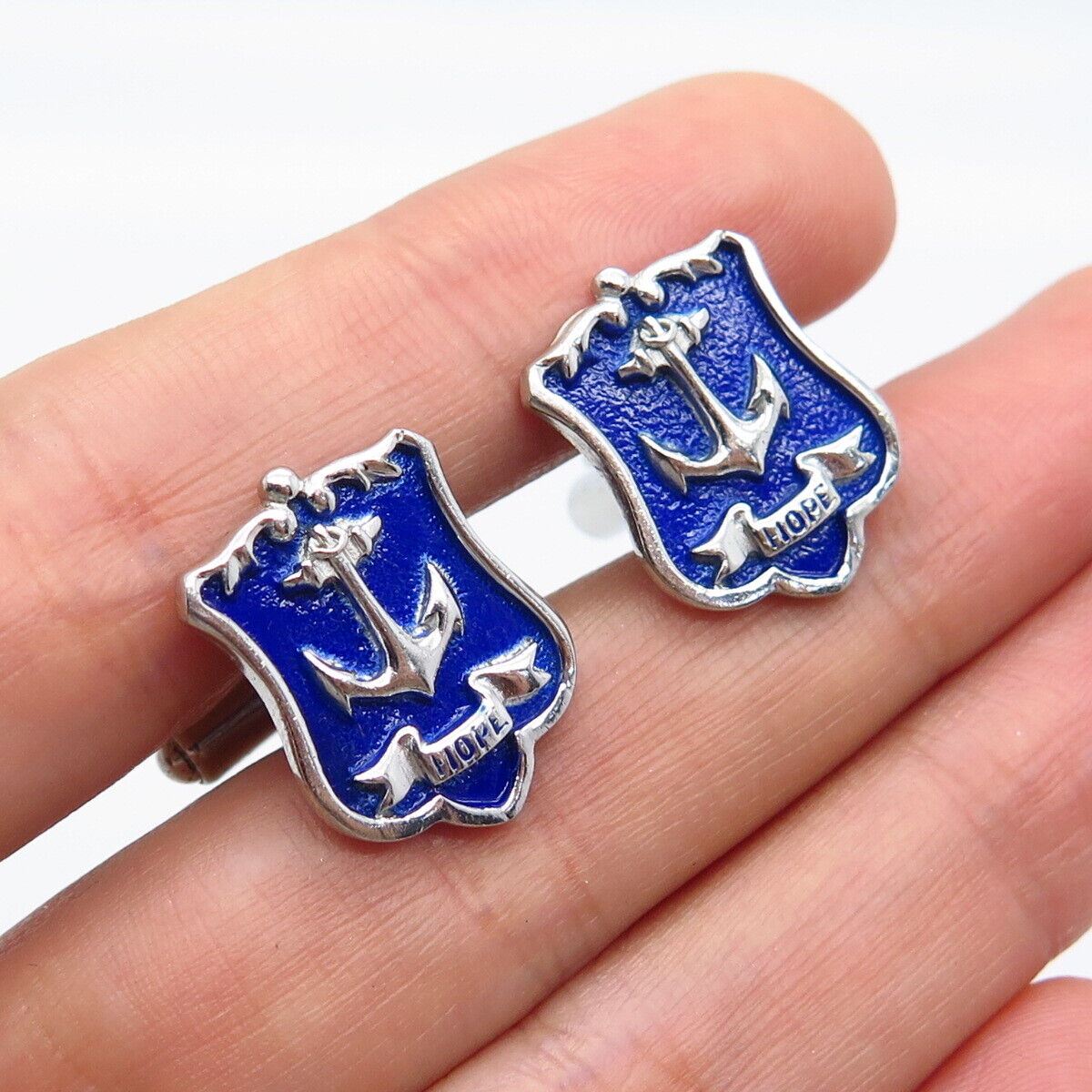 925 Sterling Silver Vintage USA Enamel "Hope" Anchor Cufflinks